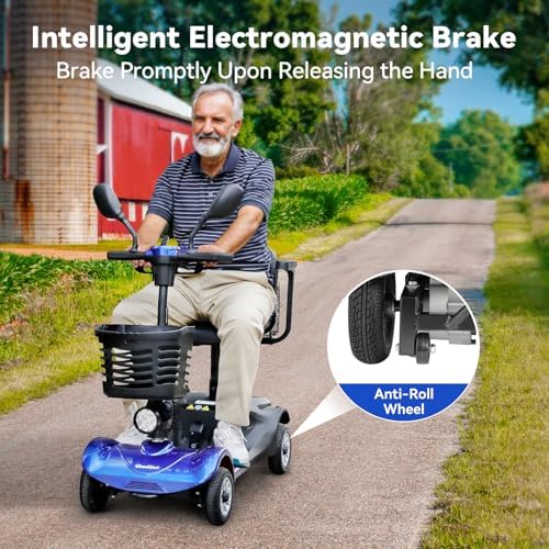 4-Wheel Mobility Scooter for Adults & Seniors - Heavy-Duty Compact Travel Scooter with Long-Lasting Battery, LED Lights, Basket & Portable Design (Blue)