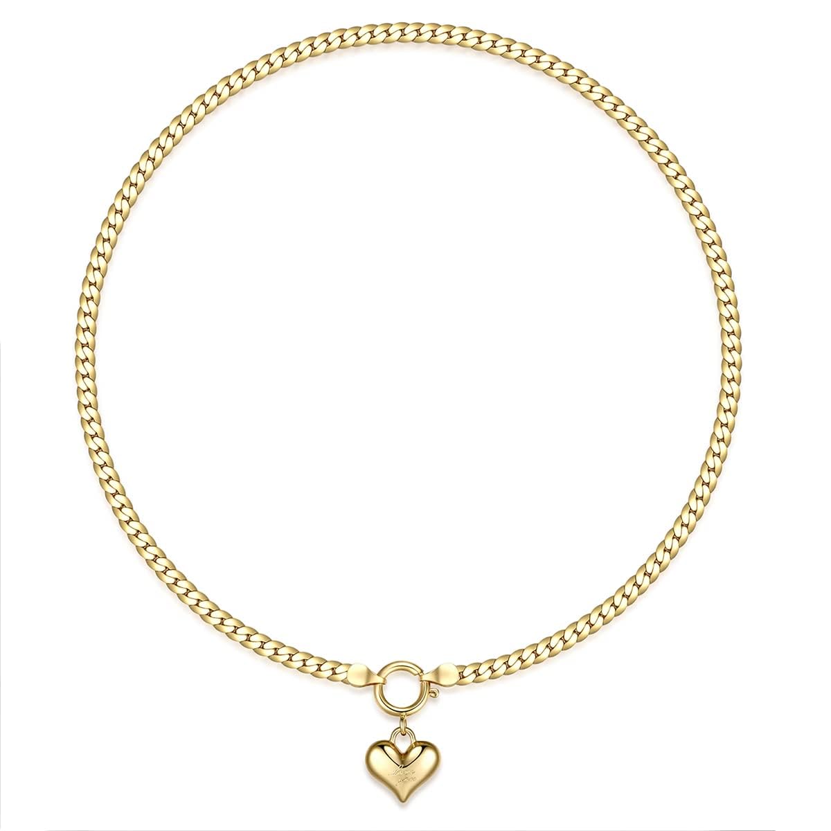 NUZON Love Heart Pendant Necklace for Women 18K Gold Plated Thick Flat Herringbone Snake Chain Choker Engraving “Love You” Charm Sailor Lock Layering Jewelry 16’’