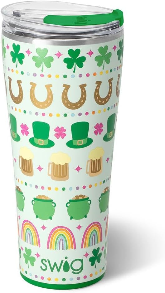 Swig Life 32oz Insulated Tumbler, Travel Coffee Tumbler with Lid, Cup Holder Friendly Travel Coffee Mug, Stainless Steel with Lid (Lucky Charm)