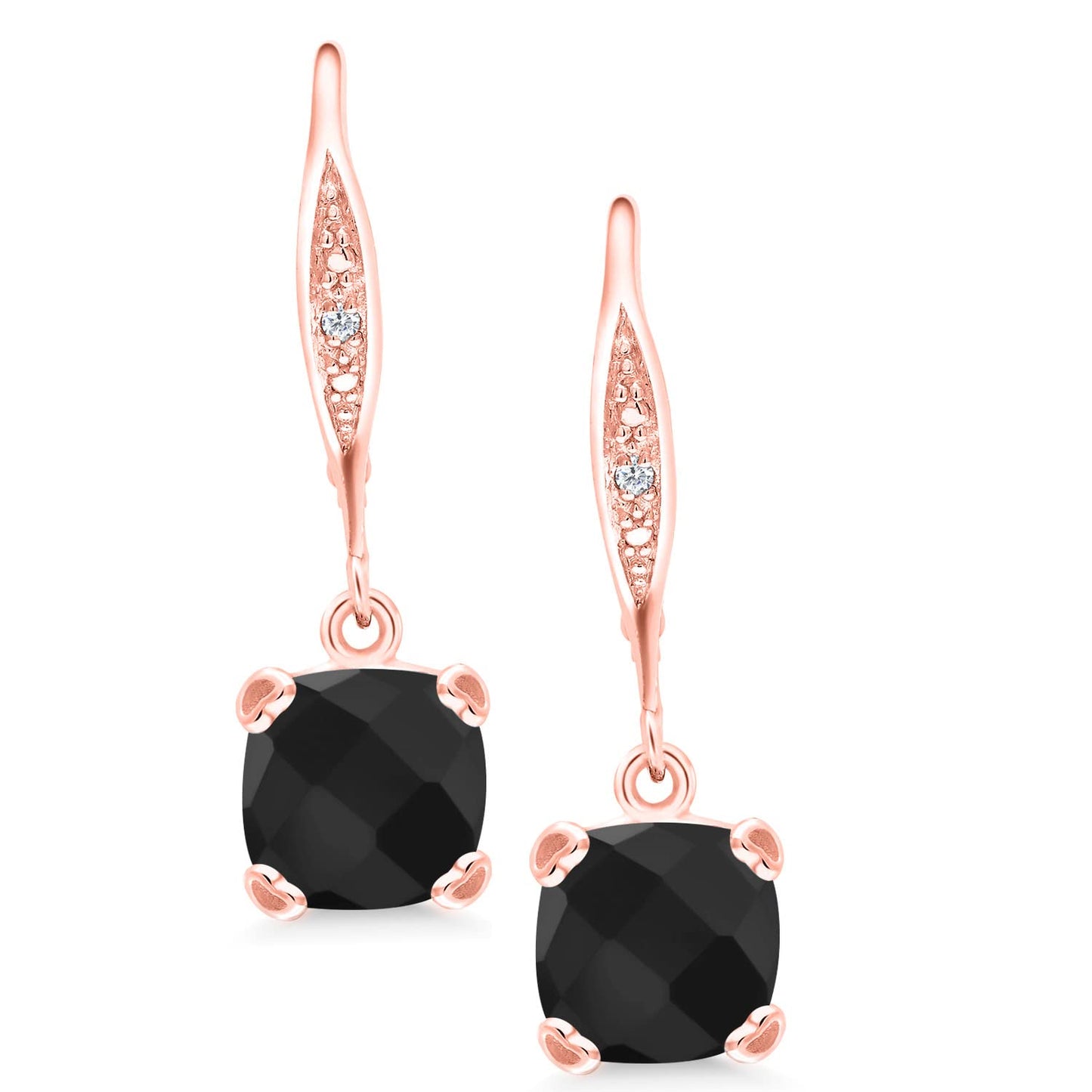 Gem Stone King Drop Dangle Earrings For Women | 7MM Cushion Cut Gemstone Birthstone and Diamond | 925 Sterling Silver | Jewelry Gift for Mom Wife Her | Onyx-Checkerboard-December | Rose Gold