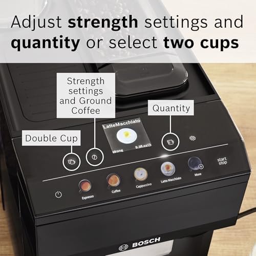 Bosch Fully Automatic Coffee and Espresso Machine - 9 Drinks, Barista Quality, Double Cup Super Coffee Maker - Programmable Machine, Large Bean Capacity - Easy Clean, Maintenance - Black - TPU40109