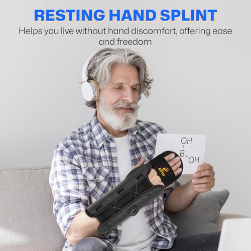 Resting Hand Splint with Adjustable Knob, Carpal Tunnel Wrist Brace Night Support with Removable Wrist Splint, Pain Relief for Stroke Recovery, Tendonitis, Arthritis, etc. Either Hand, S/M,L/XL
