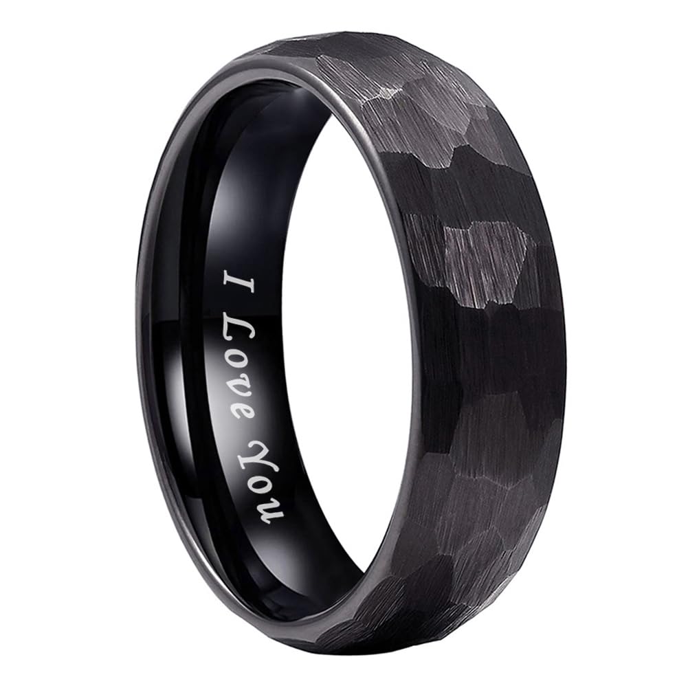 TUTISS 6mm Black Hammered Tungsten Carbide Rings for Men Women Engagement Wedding Bands Domed I Love You Engraved Comfort Fit Size 9