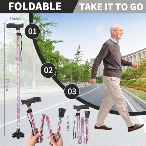 Walking Cane ATMTV Cane for Woman | Mobility & Daily Living Aids | 5-Level Height Adjustable Walking Stick | Comfortable Plastic T-Handle Portable Folding Cane with Replace Tip Purple Flower