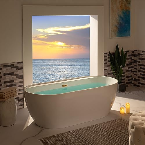 WOODBRIDGE 72" Acrylic Freestanding Bathtub Contemporary Soaking White Tub with Brushed Gold Overflow and Drain,B0059-BG