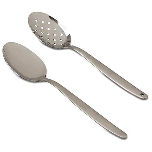 BNAZIND 2 Pack 8 inch Kunz Small Regular and Perforated Sauce Spoon Set | 18/10 Stainless Steel Silver Chef Spoon ideal for drizzling sauces, plating desserts, Dishwasher safe