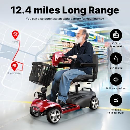 iScooter X-02 Mobility Scooter, 12/24 Miles Electric Wheelchair Device, Up to 300LBS, 4 Wheel Foldable Mobility Scooter for Adults & Seniors, LED Headlight, Basket, Cup Holder, Long Range