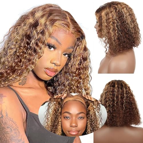 Wear and Go Glueless Wigs Human Hair Highglight Ombre Honey Blonde Curly Bob Wig 5x5 HD Pre Plucked Pre Cut Lace Closure Deep Wave Wig for Beginners Wet and Wavy Lace Front Wigs 16 Inch