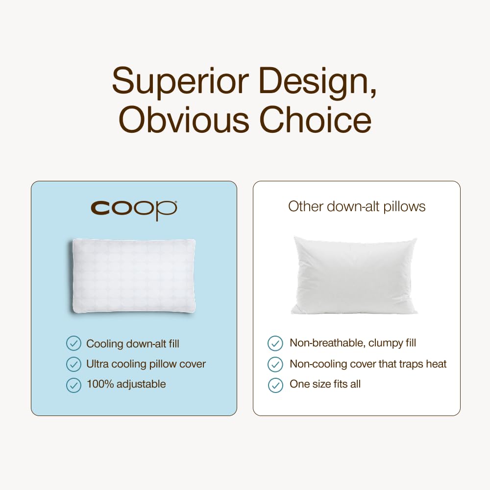 Coop Home Goods Essence Cooling Down Alternative Pillows Set of 2, Queen Size Adjustable Cooling Pillow for Hot Sleepers, Cool-Touch Luxury Hotel Pillows for Stomach, Back, or Side Sleepers 27x17