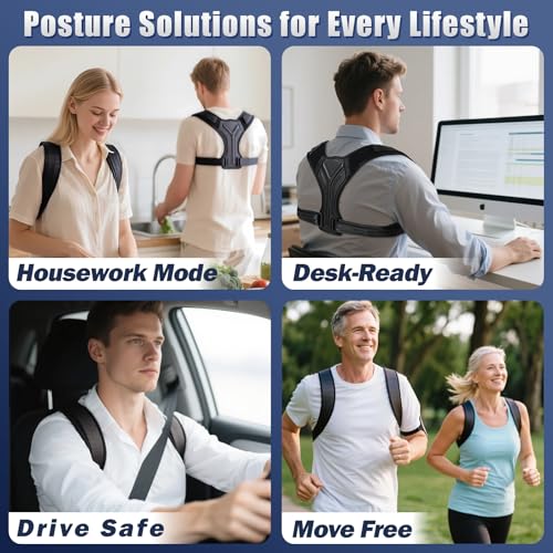Posture Corrector for Women & Men, Adjustable Upper Back Brace with Anti-Chafing Pads for Neck/Shoulder/Back Pain Relief, Breathable Invisible Posture Brace for Office, Driving, Fitness. (Black, Medium)