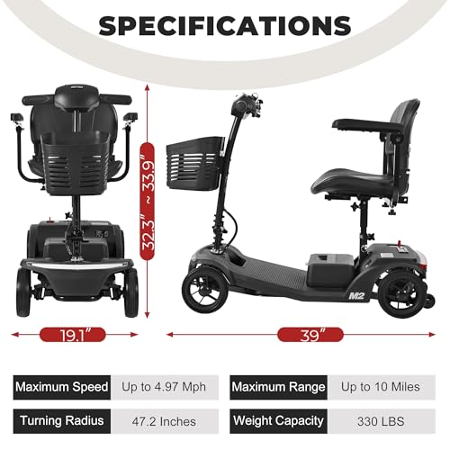 Metro Mobility 4 Wheel Powered Mobility Scooters, 330 lbs Capacity Mobility Scooters for Adults, Folding Mobility Scooter Lightweight, Electric Scooters for Seniors 10 Miles Range LED Light Black