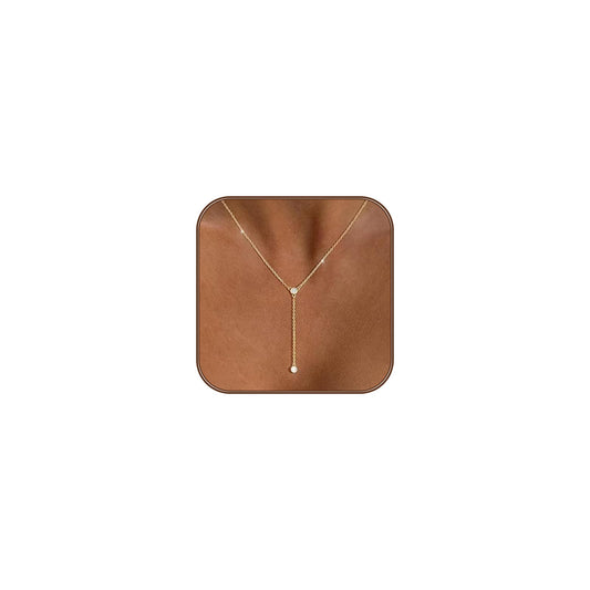 Airmb Lariat Gold Necklace for Women, Dainty Long Necklace Gold Y-Shaped Pendant Necklaces Trendy Chain CZ Drop Necklaces Jewelry for Women Gifts