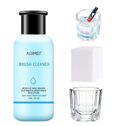 AIJIMEI Nail Brush Cleaner Restorer Nail Brush Cleaner Solution Clean Manicure Brushes Set A with Glass Cup & Cleaning Cotton Pads for Nail Art Gel Polish Painting Brushes 58ml