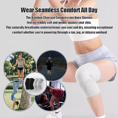Bamboo Charcoal Compression Knee Sleeve - Elastic Knee Braces Pads Warmers Protective Knee Support for Arthritis and Runners (Gray+Black, Medium)