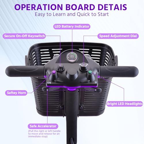 Mobility Scooter for Seniors, Adults, 4 Wheels Removable Electric Powered Chargeable Device, Foldable and Portable, with LED Headlights and Basket, Charger Include (Purple/Black)