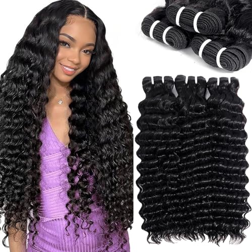 Deep Wave Human Hair Bundles 16 18 20 Inch Curly Human Hair 3 Bundles 100% Unprocessed Brazilian Virgin Deep Curly Bundles For Black Women Quick Weave Wet And Wavy Natural Black