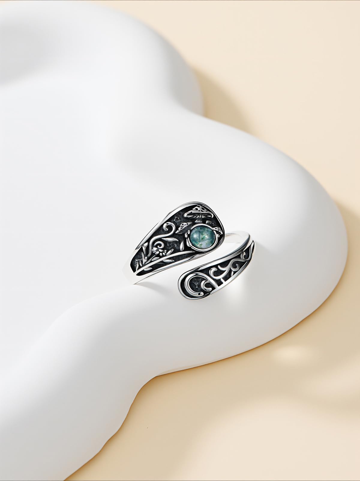 Midari Mushroom Spoon Ring 925 Sterling Silver Moss Agate Rings for Women Vintage Adjustable Thumb Rings Mushroom Ring Jewelry Gifts for Women Birthday Christmas Gifts