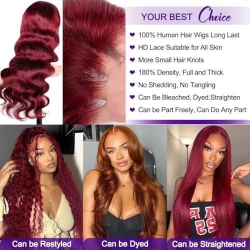 99J Burgundy Lace Front Wigs Human Hair Body Wave 13x6 HD Transparent Lace Front Wigs Human Hair Pre Plucked with Baby 99j Red Wine Glueless Human Hair Wigs for Women 26 Inch