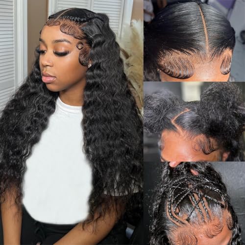 18 Inch Deep Wave 13x6 Lace Front Wigs Human Hair Pre Plucked With Baby Hair 200 Density Deep Curly Lace Frontal Wigs Human Hair Transparent HD Lace Wigs Natural Black