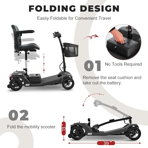 Metro Mobility 4 Wheel Powered Mobility Scooters, 330 lbs Capacity Mobility Scooters for Adults, Folding Mobility Scooter Lightweight, Electric Scooters for Seniors 10 Miles Range LED Light Black