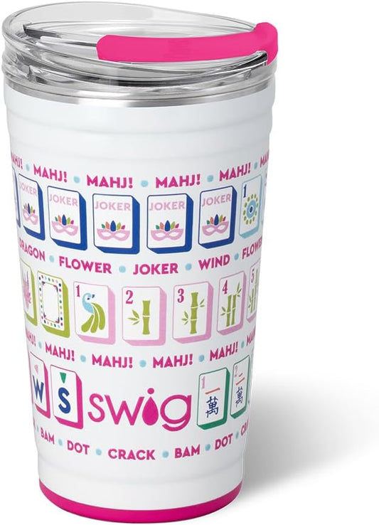 Swig Life 24oz Party Cup, Stackable Insulated Travel Coffee Tumbler with EZ Slider Lid, Cup Holder Friendly, Stainless Steel 24 oz Tumbler, Reusable Coffee Mug (Mahjong)