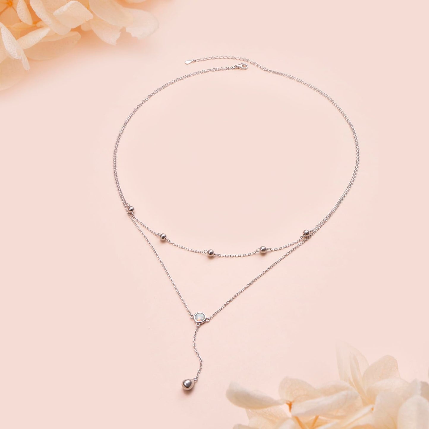 FLYOW S925 Sterling Silver Double Layered Necklace Teardrop White Opal Choker Y Lariat Necklace Mothers Day Birthday Gifts for Women Wife Fiancée