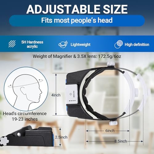 YOCTOSUN Magnifying Glasses with Light for Close Work, Rechargeable Headband Magnifier with 4 Lenses 1.5X-3.5X, Hands Free Head Magnifying Visor for Hobby, Jewelers, Reading, Crafts