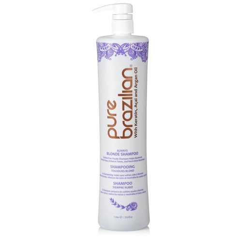 Pure Brazilian Always Blonde Shampoo with Keratin, Acai & Argan Oil, Purple Shampoo for Color-Treated Hair, Sulfate-Free, 33.8 Fl Oz