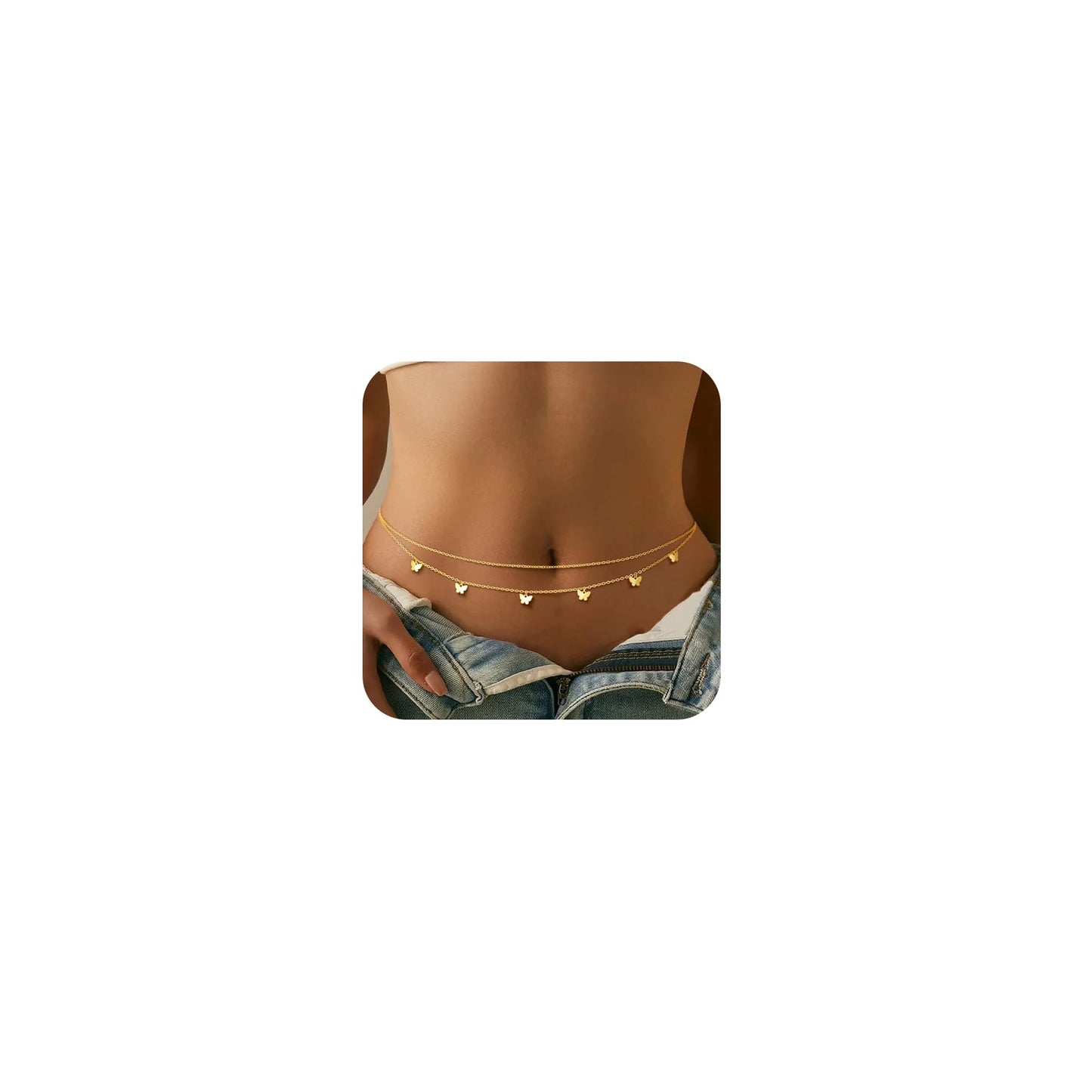 CHESKY Gold Waist Chain for Women, Dainty 14k Gold Plated 2Pcs Layered Belly Chain for The Waist Adjustable Waterproof Bikini Box Chain Non Tarnish Body Chain Jewelry Gifts for Women