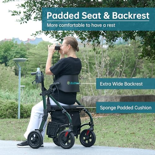 ELENKER All Terrain Rollator Walker Transport Wheelchair Combo, 2 in 1 Rolling Walker with Padded Seat and Wide Backrest, Green