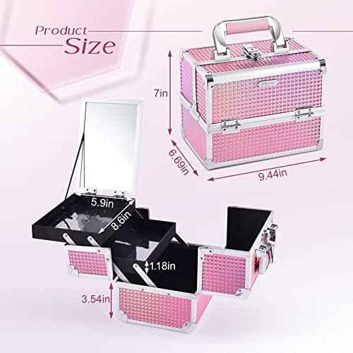 Joligrace Makeup Train Case Makeup Case Organizer Portable Cosmetic Box Storage with 2 Trays Mirror Locking Make Up Travel Case for Nail Kits Cosmetics Craft Traveling Makeup Box Mermaid Pink