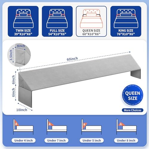 Bed Wedge Pillow for Headboard Gap, Queen Size Bed Wedge Gap Filler Mattress Wedge Filler(0-8") Triangle Bloster Pillow Wedge with 2 Side Pocket (60"x10"x6")