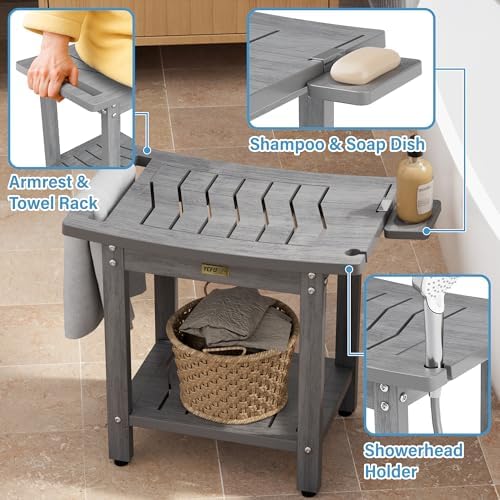 YEFU Shower Chair for Inside Shower: 21" Oversized Non-Slip Waterproof No Maintenance 500LBS Weight Capacity - Shower Bench/Stool with Shelf Handle for Bathroom/Outdoor - Easy Assemble for Adult/Gray
