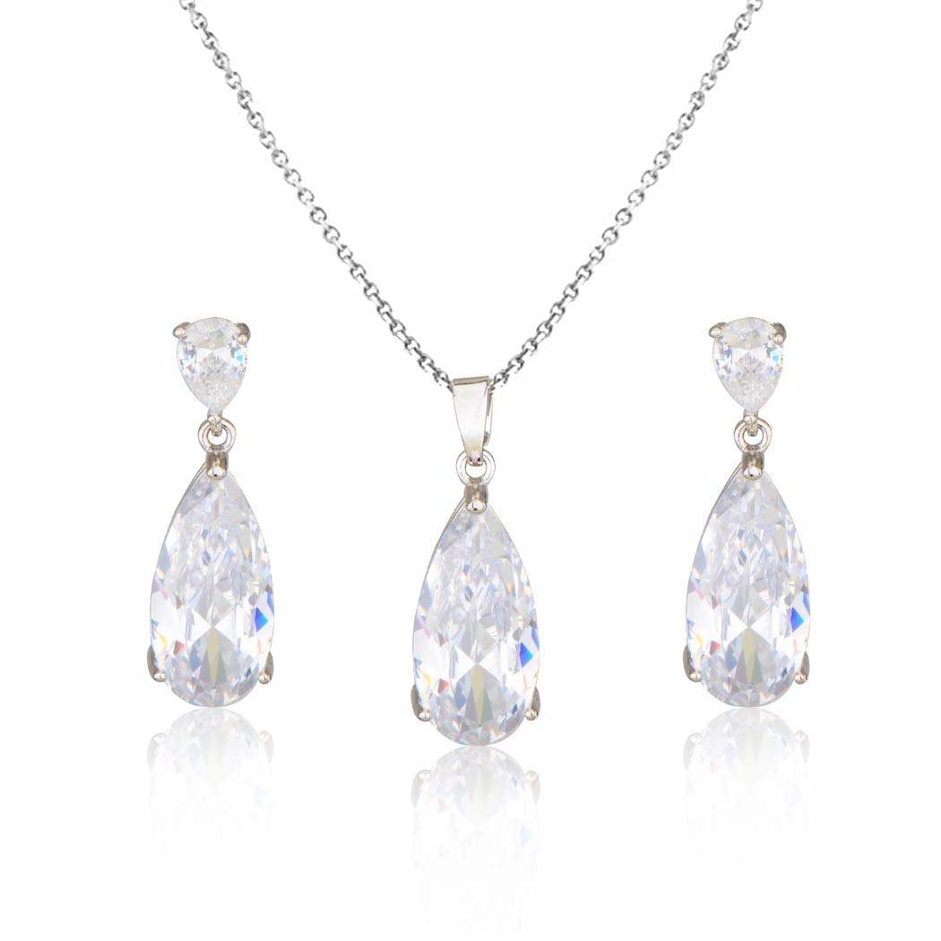 Mycitta Bridal Jewelry Set for Wedding Silver Teardrop Cubic Zirconia Crystal CZ Necklace Earrings Set for Bride Bridesmaids Mother of Bride Prom Party Women Costume Jewelry