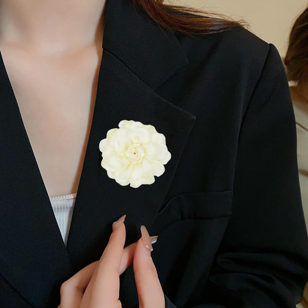 Elegant Large Cloth Flower Brooches Big Camellia Flower Pin for Women Dainty Cloth Fabric Rose Brooches Dress Skirt Scarf Hat Pins Clothing Decoration Accessories (Beige A)