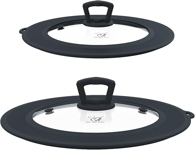 Set of 2 Vented Tempered Glass Universal Lid for Pot Pan Skillet with Heat Resistant Silicone Microwave Safe Splatter Lid Cover Fit 8â 8.5â 9â and 9.5â 10â 10.5â 11â, Grey