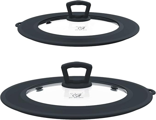 Set of 2 Vented Tempered Glass Universal Lid for Pot Pan Skillet with Heat Resistant Silicone Microwave Safe Splatter Lid Cover Fit 8â 8.5â 9â and 9.5â 10â 10.5â 11â, Grey