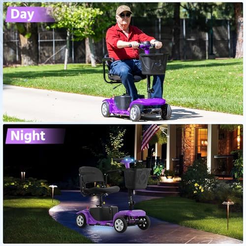 Mobility Scooter for Seniors, Adults, 4 Wheels Removable Electric Powered Chargeable Device, Foldable and Portable, with LED Headlights and Basket, Charger Include (Purple/Black)