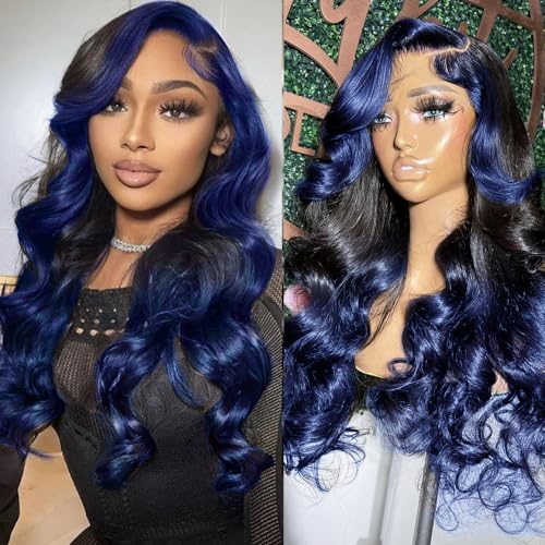 YMS Ombre Blue Lace Front Wigs Human Hair 180% Density Highlight Royal Blue Glueless Wig Pre Plucked with Baby Hair 14 Inch Body Wave Skunk Stripe Real Hair Lace Frontal Wigs for Women
