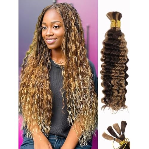 P4/27 Ombre Brown Blonde Human Braiding Hair for Boho Braids 2 Bundles 24 Inch 100g Deep Wave Braiding Hair for Bohemian Knotless Braids 100% Unprocessed Virgin Bulk Hair Extensions No Weft