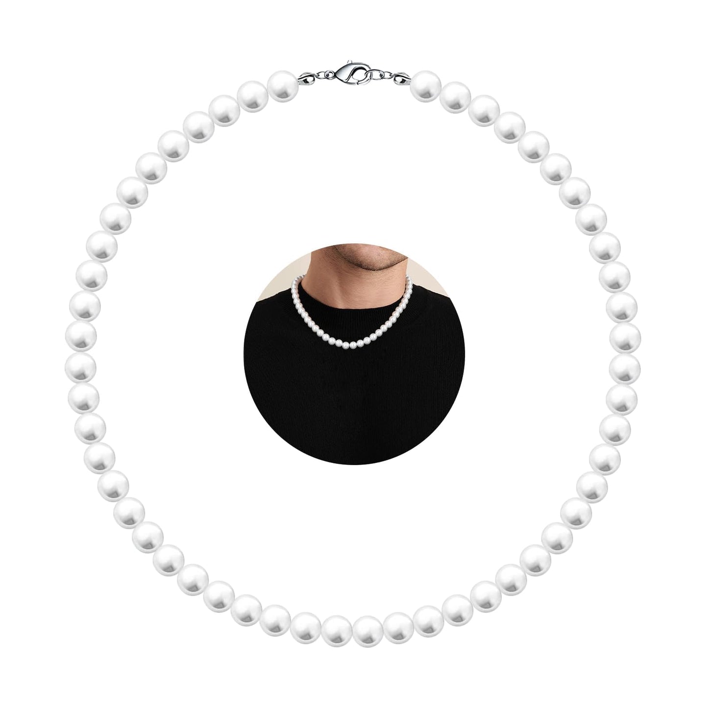 MJartoria Pearl Necklace for Men, 16''-24'' Pearl Necklaces for Women, 6/8mm White Pearl Choker Necklace Trendy Jewelry Gifts for Women Men (18 inches, 8mm)