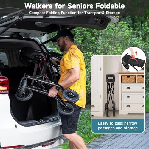 Walkers for Seniors, Rollator Walker with Seat, 8" Rubber Wheels All Terrain Rollator Walker with Backrest, Aluminum Walkers Built-in Cable, Foldable and Adjustable Height for Seniors, Black