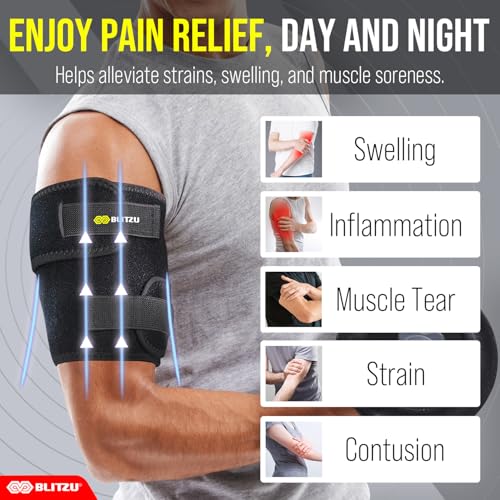 Bicep Tendonitis Brace, Upper Arm Wrap, Tricep Compression Sleeve Support Bands for Men and Women with 2 Adjustable Straps, Pain Relief for Muscle Strains Recovery & Inflammation. Black L-XL