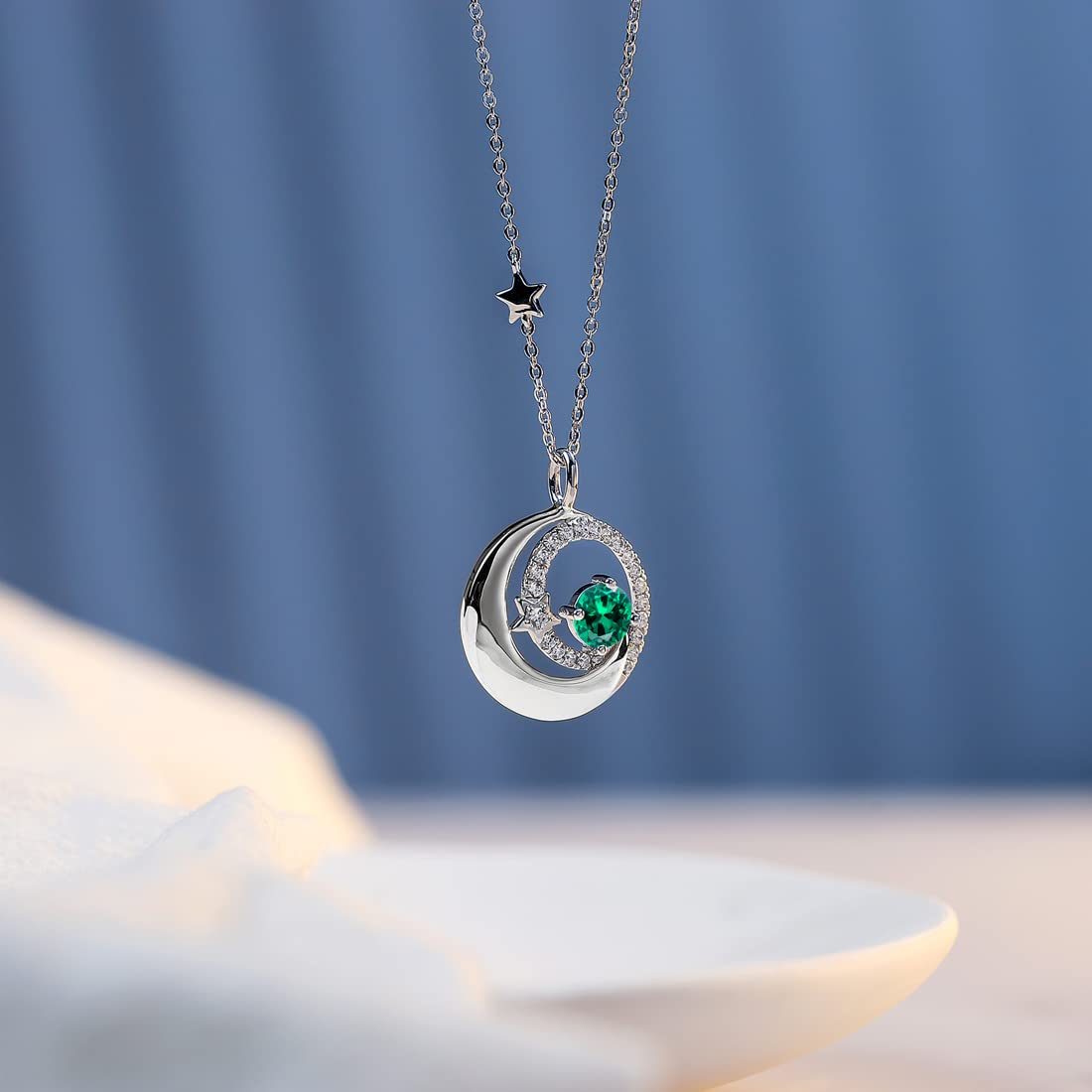 FANCIME Moon Star Necklace, Emerald May Birthstone Necklace for Women 925 Sterling Silver Pendant Green Fine Jewelry Anniversary Birthday Mothers Day Gifts for Mom Women Daughter, Adjustable Chain 16"+2"