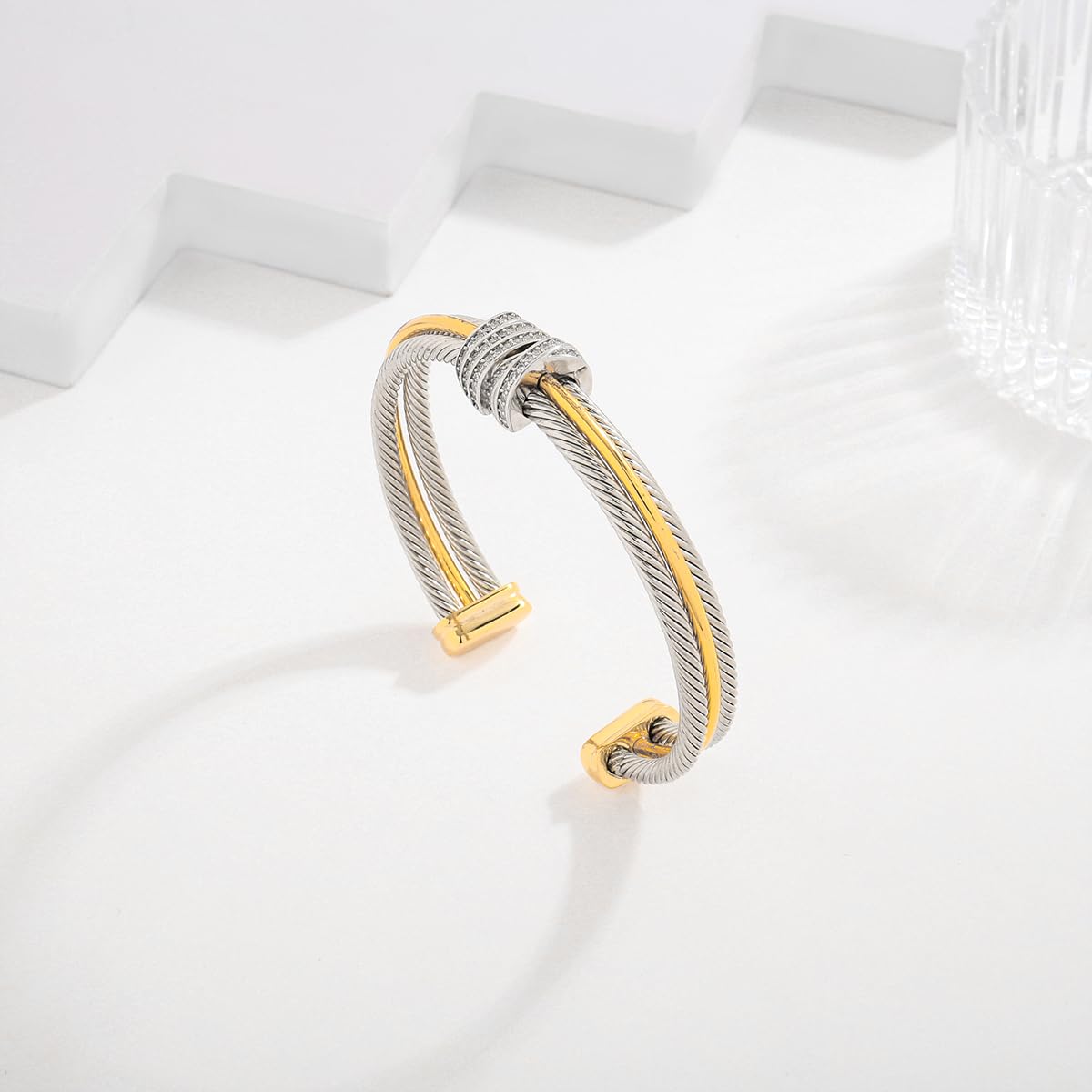 LILIE&WHITE Gold Bracelets For women With Cubic Zircon Chic Gold Bangle Statement Bracelet Adjustable Boho Open Wrist Bracelets Fashion Summer Two Tone Bracelet Jewelry