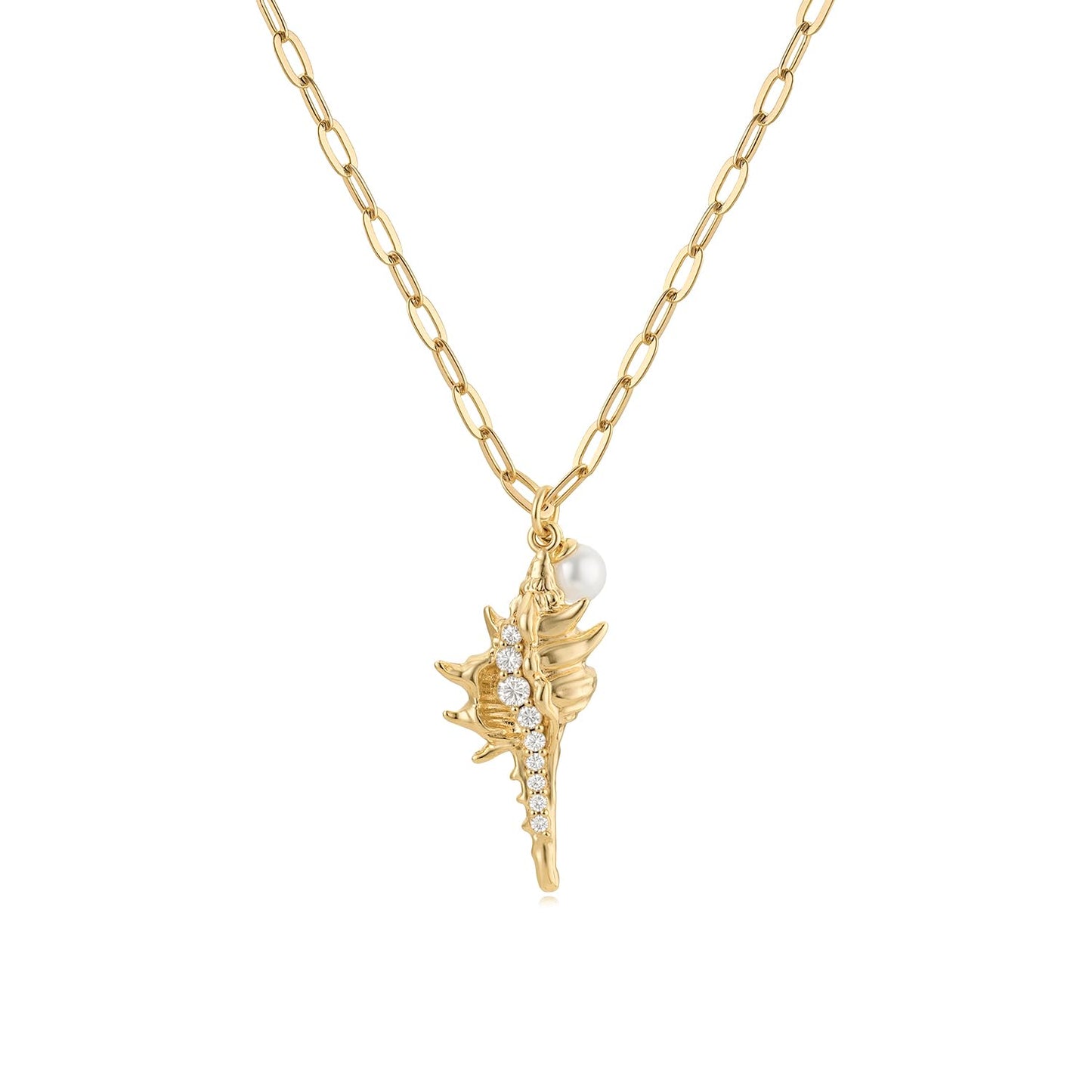 MYEARS Women Gold Necklace Conch Shell Pendant Pearl Bead Cubic Zirconia 14K Simple Dainty Oval Chain Everyday Summer Beach Jewelry