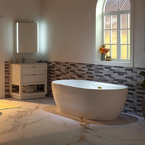 WOODBRIDGE 72" Acrylic Freestanding Bathtub Contemporary Soaking White Tub with Brushed Gold Overflow and Drain,B0059-BG