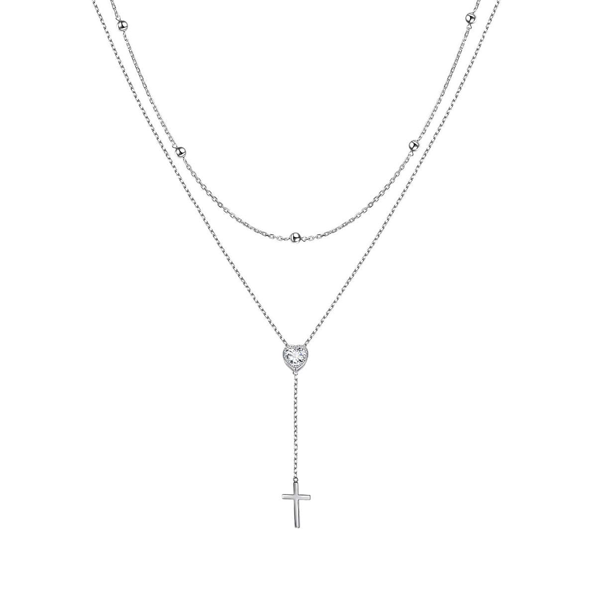 FLYOW Layered Cross Necklace 925 Sterling Silver Heart CZ Double Choker Y Lariat Long Necklace Mothers Day Birthday Valentine's Day Gifts for Women