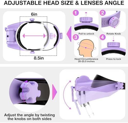 Magnifying Glass with Light, Magnifying Glasses for Close Work 1X-14X, Magnifier Headset with 2pcs Detachable Lights,Upgraded USB C Charge Built-in 500mAh Suit for Crafts Hobbies Cross Stitch