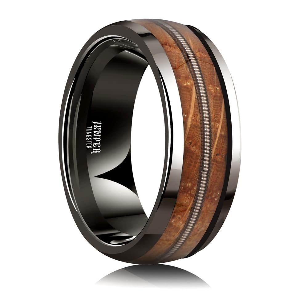 JEWPER 8mm Men Womens Wedding Band Tungsten Rings dark gun black Fashion Promise Carbide Inlaid Guitar Strings whiskey barrel wood Matte Finish Edge Comfort Fit Size(6)